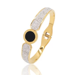 Fashion Women Jewelry Wholesale Custom Bracelet Gold Plated Roman numerals Micro Pave CZ Openable Cuff Stainless Steel Bangle