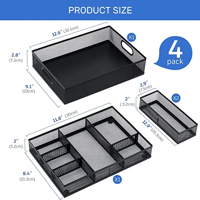 Mesh Desk Drawer Organizer Tray-Stackable with Two Adjustable Dividers
