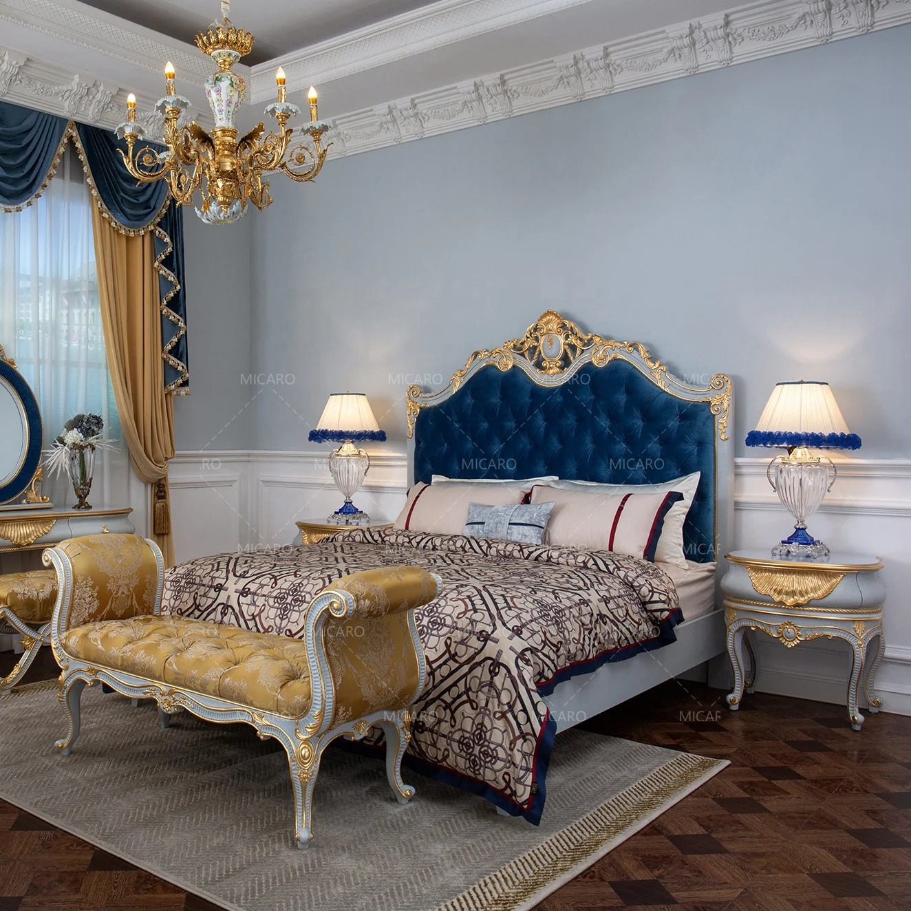 luxury European French classic wooden fabric headboard bedroom furniture set