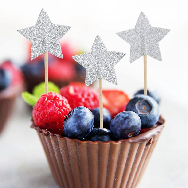 20pcs Small Christmas Silver Star Picks Glitter Cupcake Cake Fruit Toppers Sticks Party Decor Xmas Wedding Kids Birthday