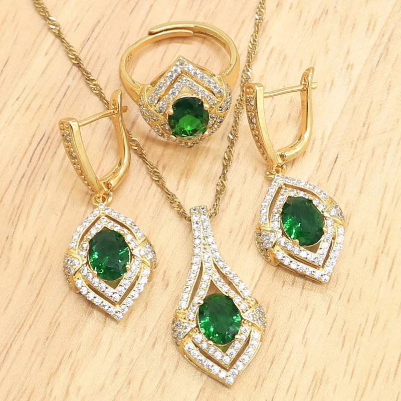Green White Semi-pricous Gold Plated Jewelry Sets for Women Micro Pave Earrings Necklace Pendant Open Ring Size Adjustable