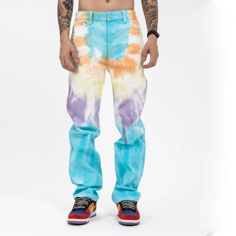 Custom high street baggy denim  loose multicolor tie dye jeans men denim jeans wide leg  jeans for men