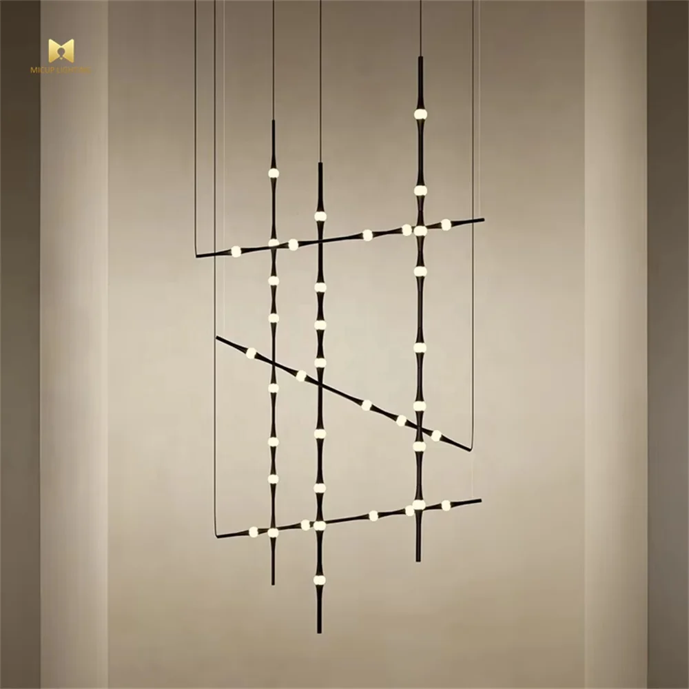 Creative Modern Simple Black Aluminum Long Drop LED Pendant Lamp Restaurant Word Bamboo Chandelier