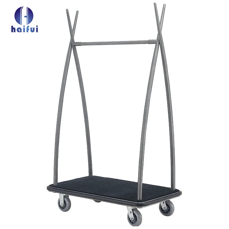 Matt Finished Stainless Steel Luxury Bellboy Serving Luggage Barrow Bellman Hotel Trolley Luggage Carts Silent Wheels