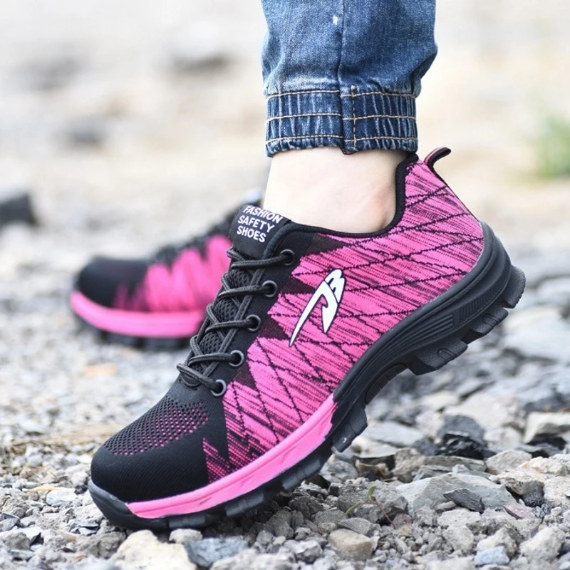 Non-slip rubber sole industrial heavy duty work shoes ladies steel toe protective sneakers women safety shoes pink