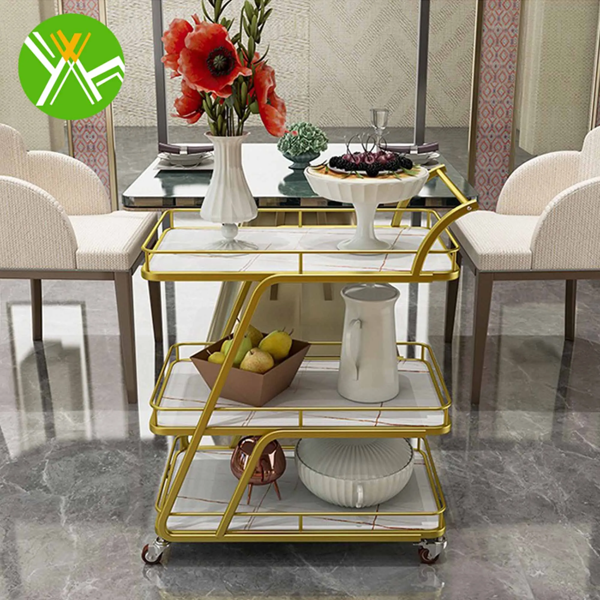 Yuhai Modern Portable 3 Tier Storage Metal Hotel Trolley Bar Cart Trolley Gold Wiggle Cart