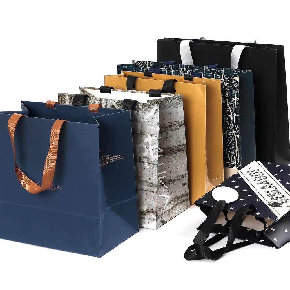 White Small Birthday Party Paper Kraft Shopping Candy Gift Bag Blue Custom Paper Kraft  Handle Bag Clothes Packaging With Logo