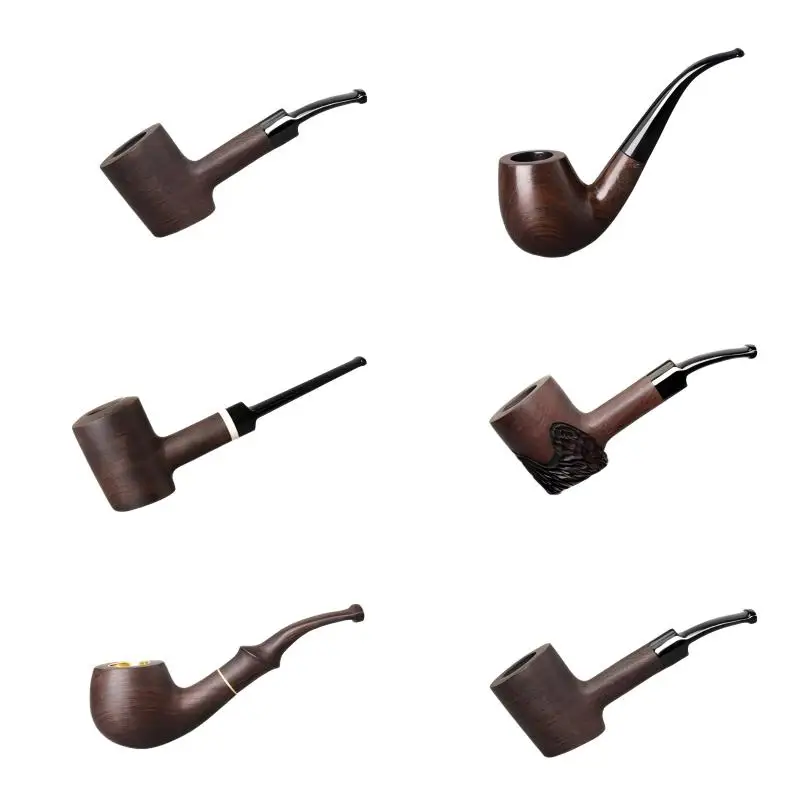 Wholesale Custom Natural Black Ebony Wooden Hand Made Smoke Pipe with Metal Ring  Portable Handmade Tobacco Smoking Pipes