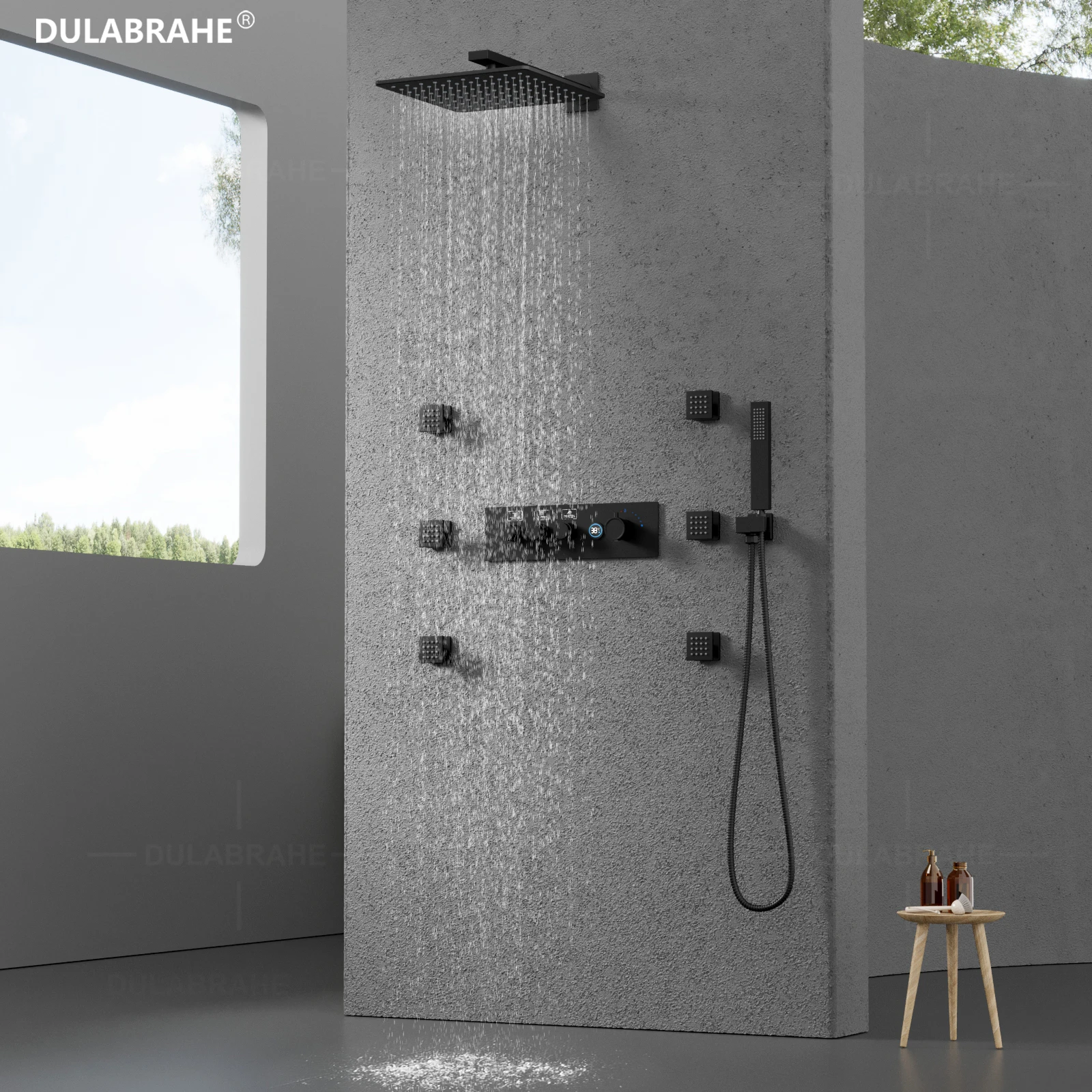 3 Functions Black Thermostatic LED Digital Display Shower Faucet 10inch Shower Head Contemporary Shower Set