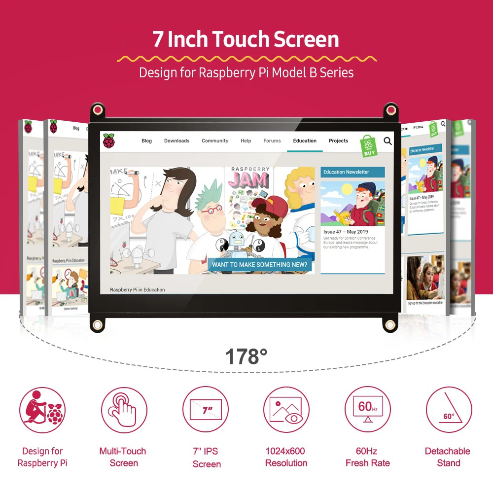 
UPERFECT 7 Inch Raspberry Pi Touch Screen with Dual Speakers 1024X600 Portable Capacitive IPS Display 