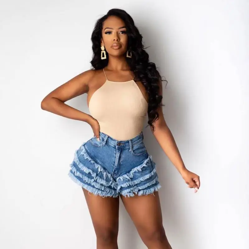 
2021 wholesale quality ruffled design women denim shorts fashion hot mini shorts high waist jeans summer women clothing 