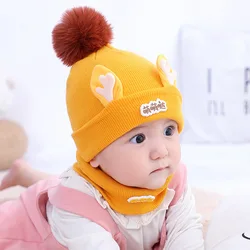 New winter cute baby knitted pom pom hats with deer ear kids thickened thermal hat warm knitted winter cap