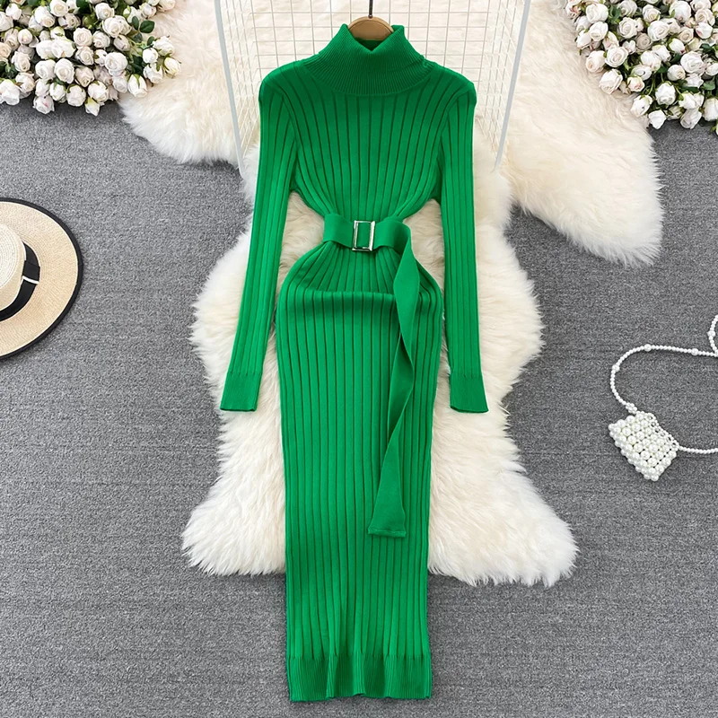 Fall Winter Casual Skinny Bodycon Sweater Dress Women Turtleneck Sashes Spring Korean Style Maxi Dresses Knitwear Vestidos Robes