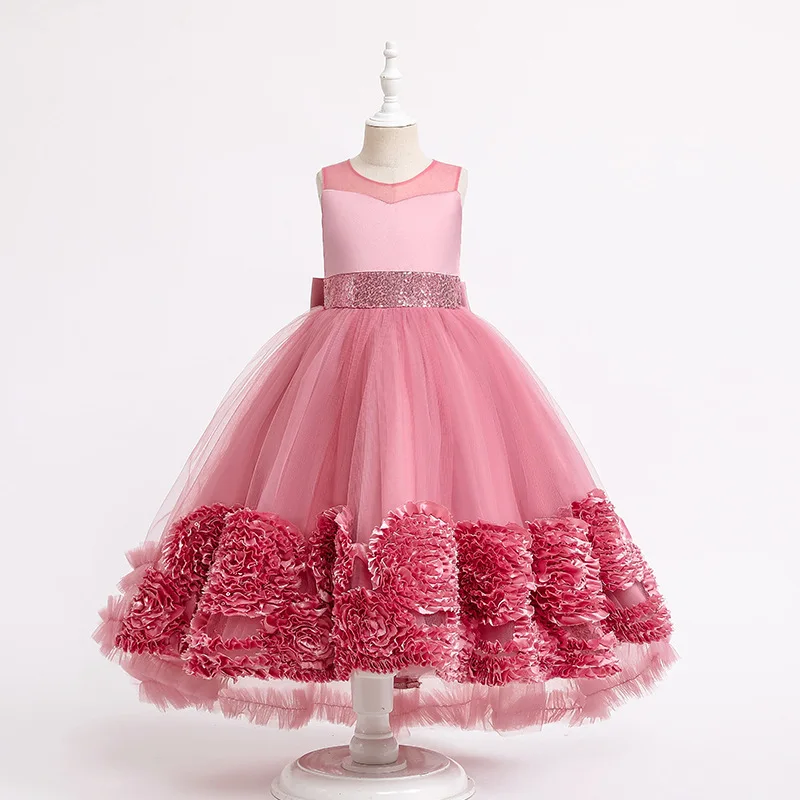 Luxury Floor Length 3D flowers 14 Yrs Old Kids Ball Gown Long Frock Party Wear Dress