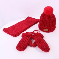New Design winter pompom beanie hat scarf gloves 3 piece set thickened warm chenille wool hat for baby boys and girls  2-8y
