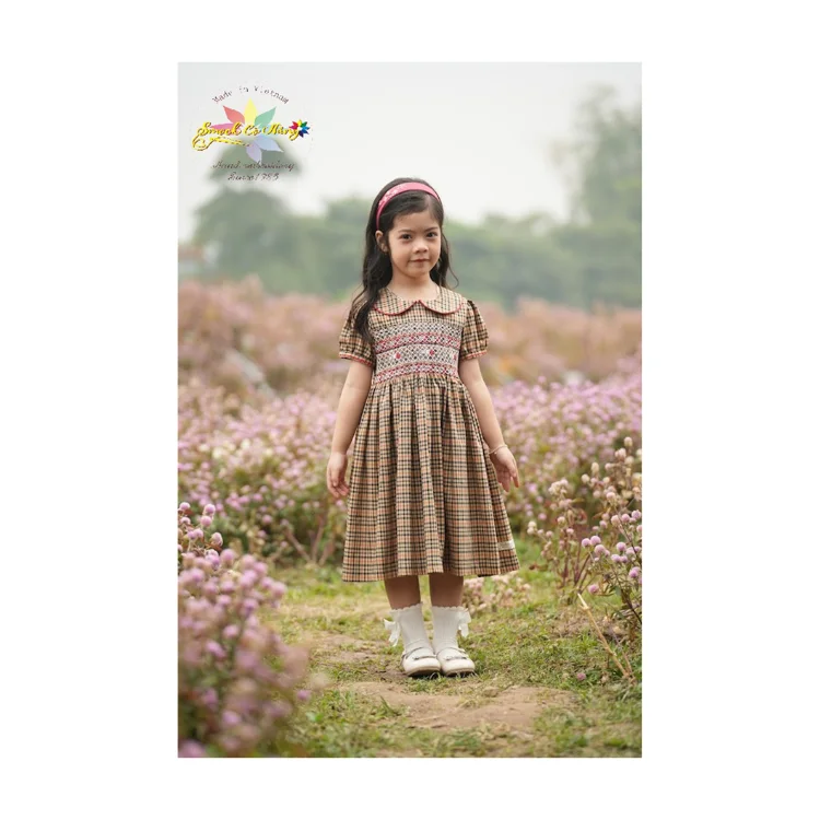 Western Brown Plaid Smock Dress For Baby Girl Fast Delivery Top Favorite Product Birthday Dress Fancy Pattern