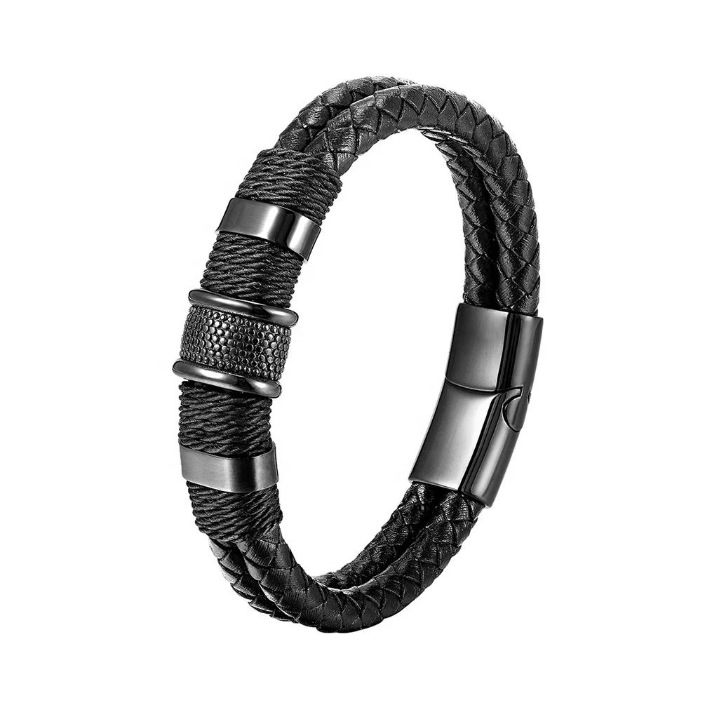Alin Fashion Mens Braided Bracelet Black Genuine Leather Bracelet With Stainless Steel Clasp Wristband Bracelet For Men