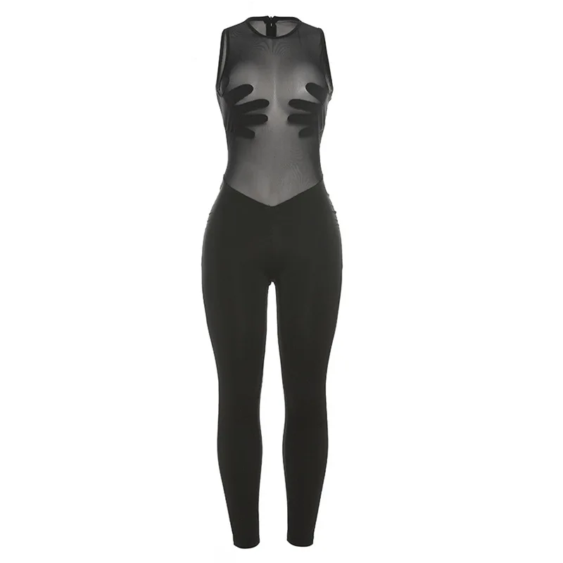 New Trendy Sexy Transparent Mesh Patchwork Women Bodysuit Jumpsuit Summer Sleeveless Slim Club Mesh Jumpsuit
