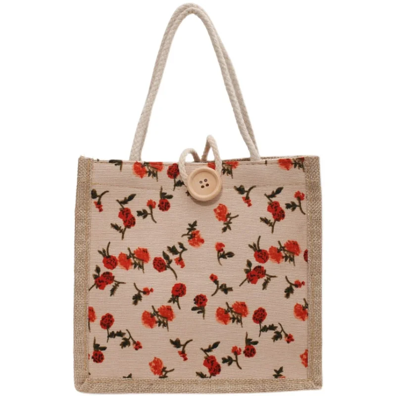 Eco Ladies Small Size Cute Custom Retro Style Floral Natural Wedding Gift Jute Burlap Tote Bag With Button