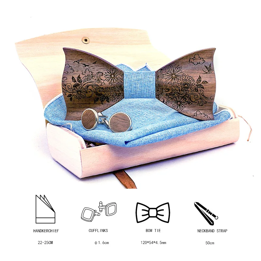 3D Wood Bowtie Handkerchief Cufflinks Sets for Mens Suit Wooden Bow Tie Bowknots Wedding Party Ties Cotton Engraving Cravat