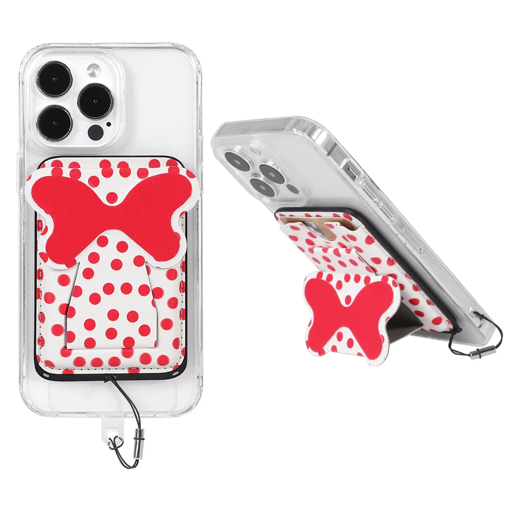 Cute polka dot magnetic card holder bow pu leather phone wallet stand for iphone 13 14 15