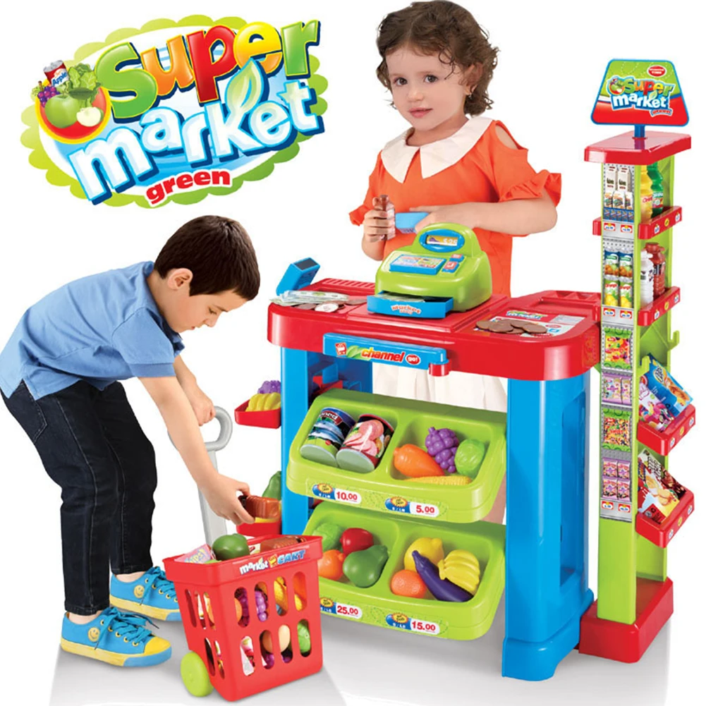 Hot Selling Girl Preschool, Supermarket Role Pretend Play With Fruits And Lights Sound Cash Register For Kids Trolley Set/