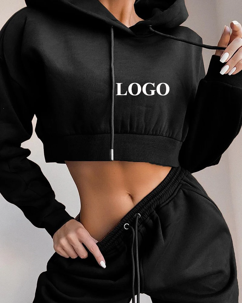 Hot selling Women custom 2 piece outfits pants sweat suits for ladies crop top hoodie and jogger sets