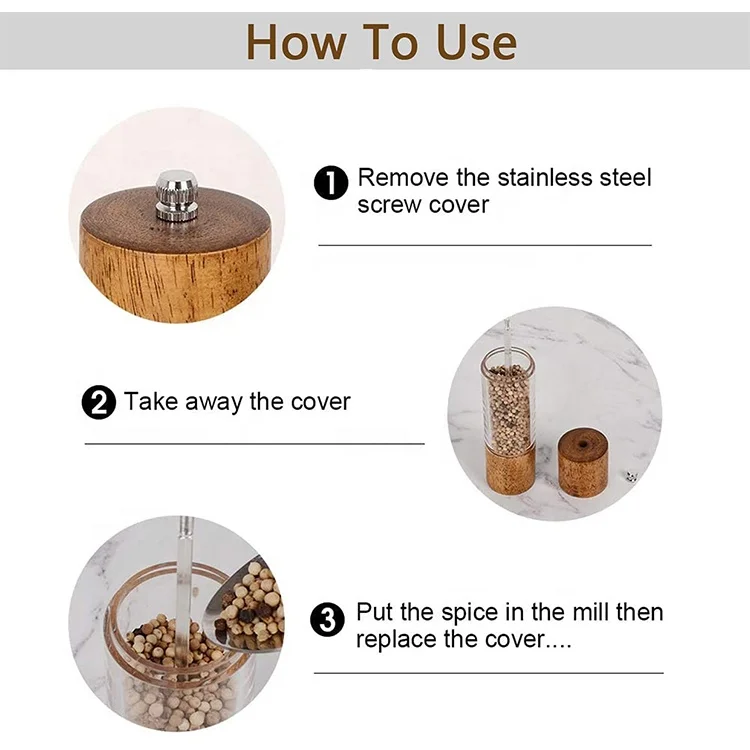 professional wood and food grade acrylic salt and pepper mills sets with Visible Window High-Capacity and Adjustable Coarseness