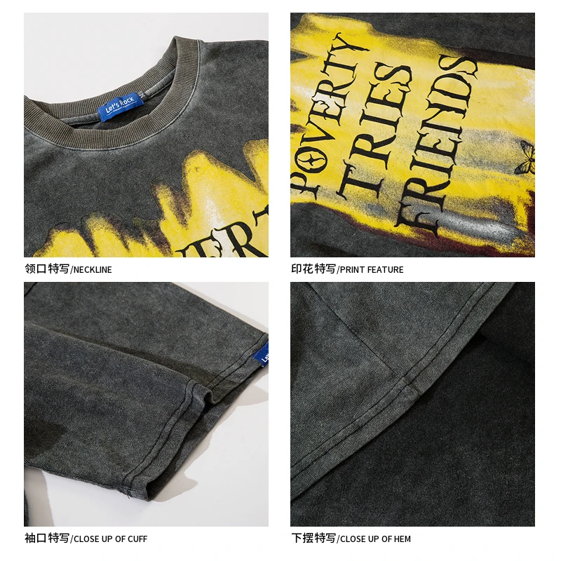 Vintage Black Printed Large Graphic Tees Acid Wash Tshirt Men Oversize Crewneck t Shirts