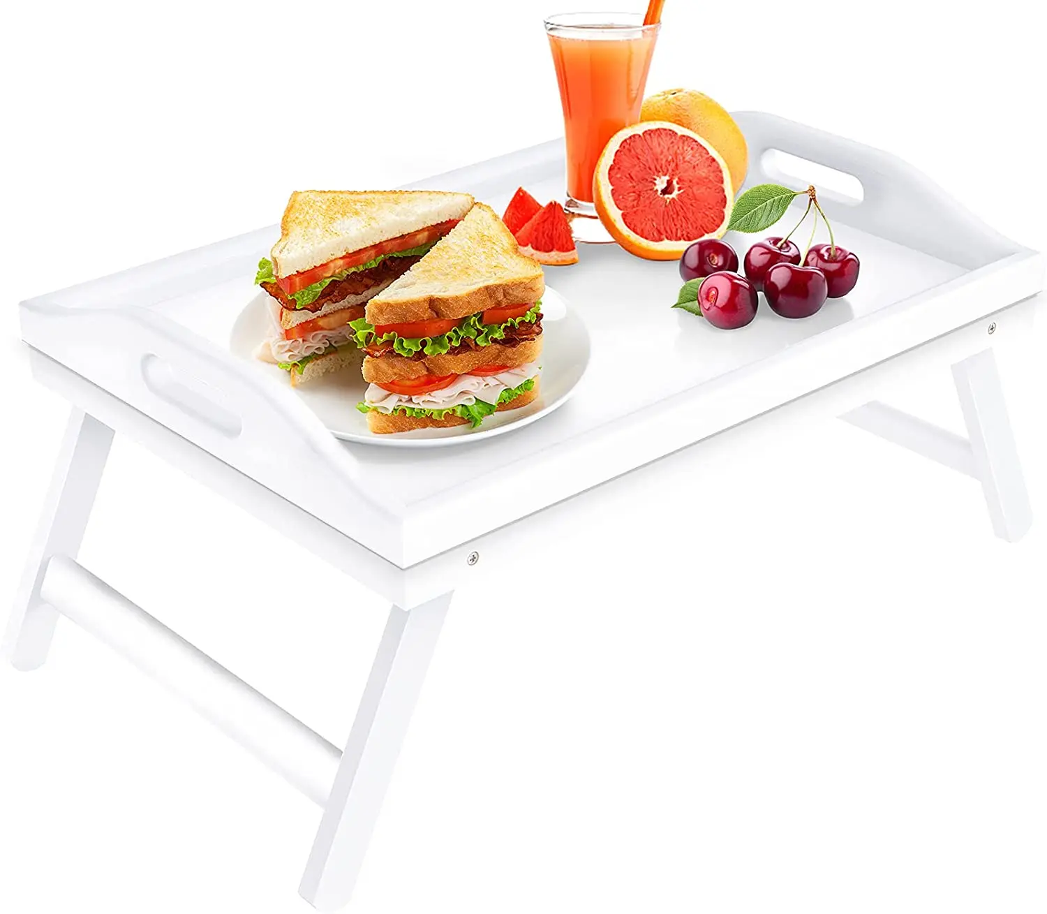 White Bamboo Bed Table Tray Wooden Breakfast Food Tray with Foldable Legs Kitchen Platters Serving Tray