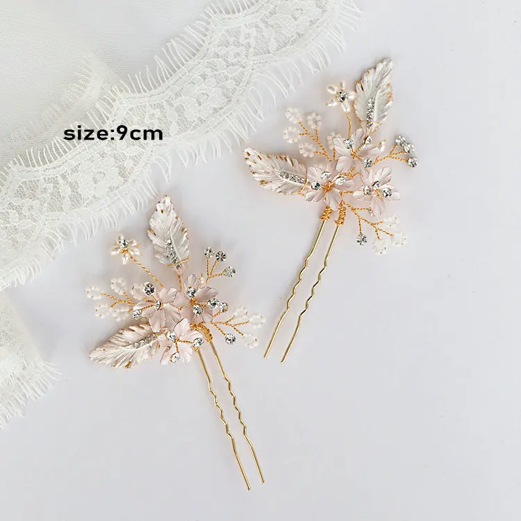 2 pcs/set High quality antique bride wedding hair accessories rhinestone handmade enamel flower leaf hair pins