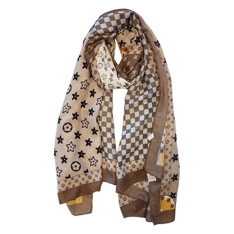 Wholesale Fancy stars plaid  desgin Printed cotton linen Scarves For Women Stylish  soft warm Hijab shawls 180*90cm