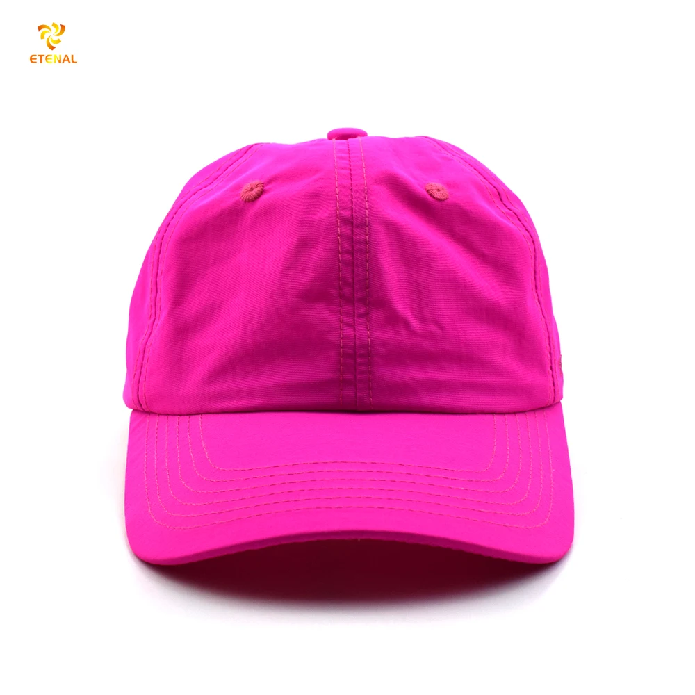 Wholesale plain neon pink nylon hat unstructured 6 panel waterproof camp sports cap