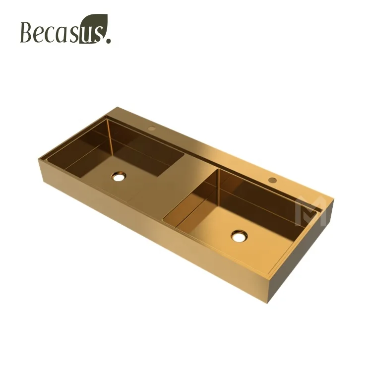 Double Bowls Washing Table Top Stainless Steel 304 Basin Hotel bathroom sink with Two Faucet Holes