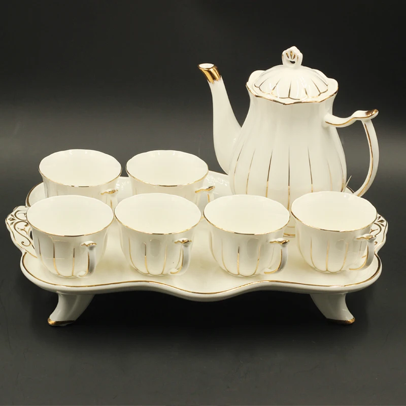 Yiwu Wholesale Ceramic Tea Mug 8PCS Porcelain Tea Pot Set Arabic Coffee Cups and Saucers Set with gold line