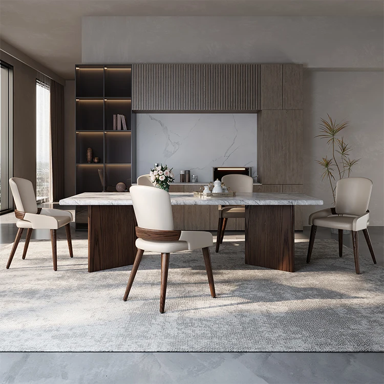Minimalist Rectangle Marble Top Dinning Table And Backrest Chair Set Wood Dining Table Sets 6 Chairs