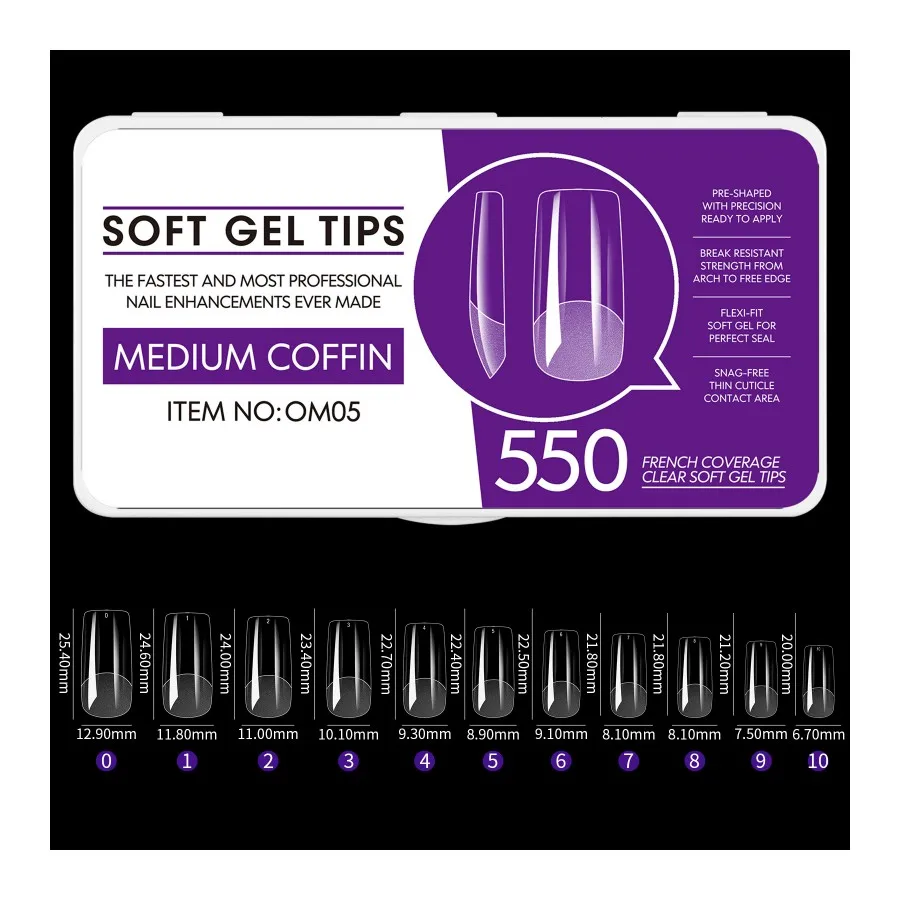Popular Medium Almond Clear Full Cover Soft Gel Nails Tips No C Curve Fake Nail with 550pcs Box OEM Private Label