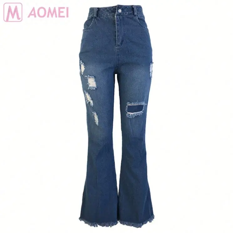 
S7019 casual fashion denim fabric washed ripped flared High Waist Women Jeans Pants 
