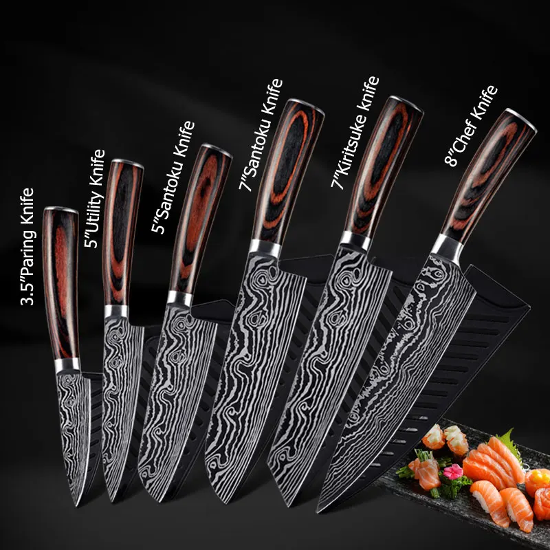 
Konoll Amazon Hot Sales 8 INCH Color Wood Handle Kitchen Cook Knife OEM/ODM 7cr17Mov Steel With Laser Damascus Pattern 