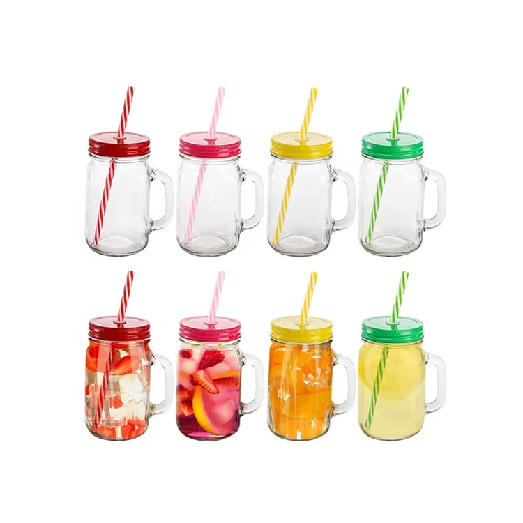 Custom Logo Wide Mouth Clear Drinking Glass Bottle Mason Jar Mugs with Handles