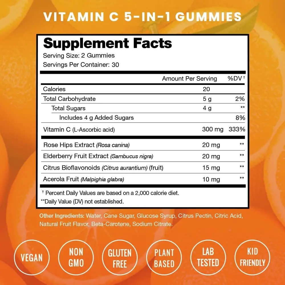 Hot selling high quality manufacturer OEM vitamin c gummies, brighten skin tone, 60 count