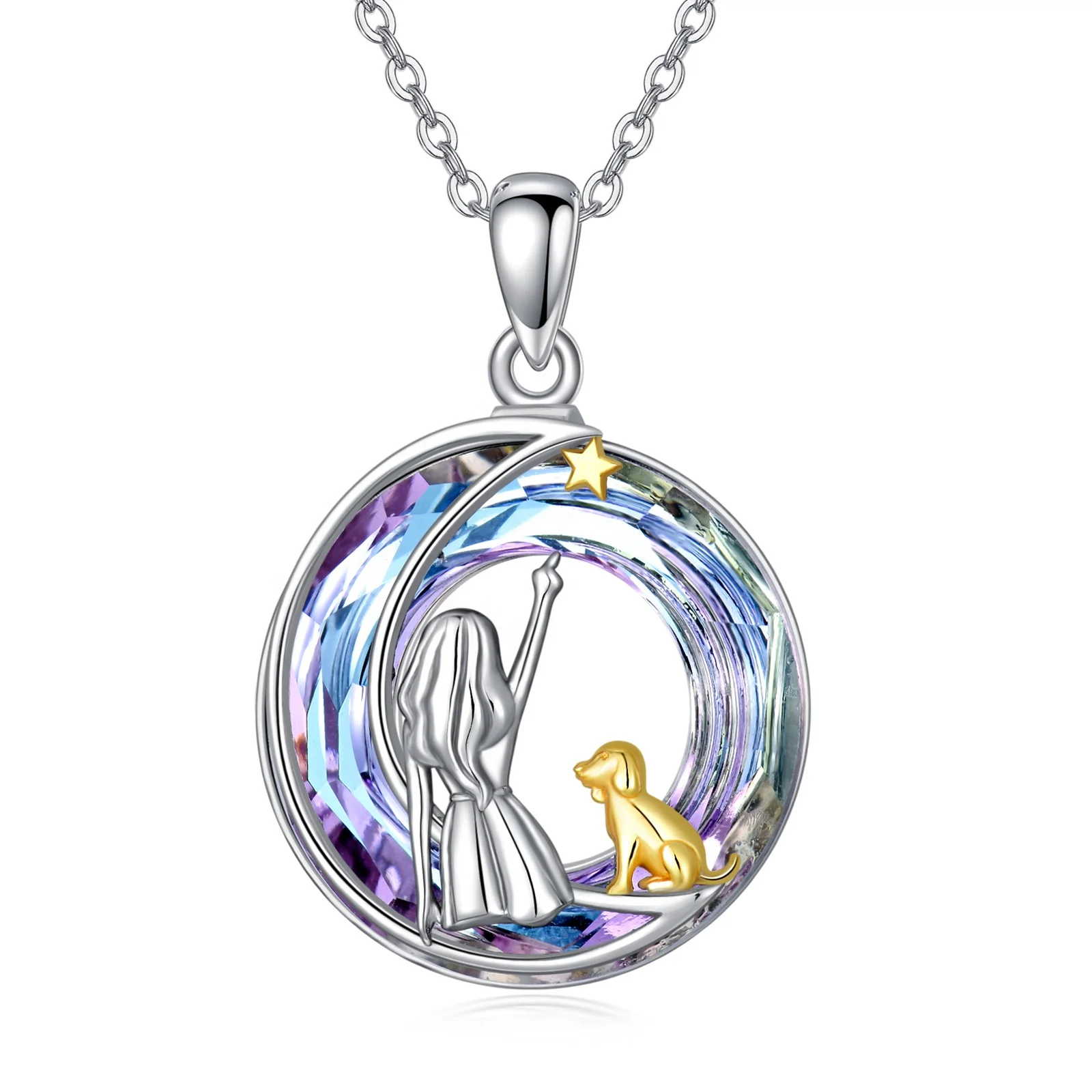 YFN Jewelry Pet Design 925 Sterling Silver Two Tone Dog and Girls Colorful Crystal Necklace