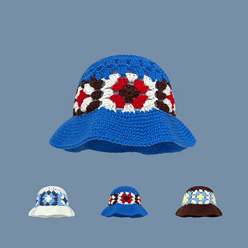 Wholesale vintage flowers hand-knitted fisherman hat women sweet hollow flowers crochet bucket hat