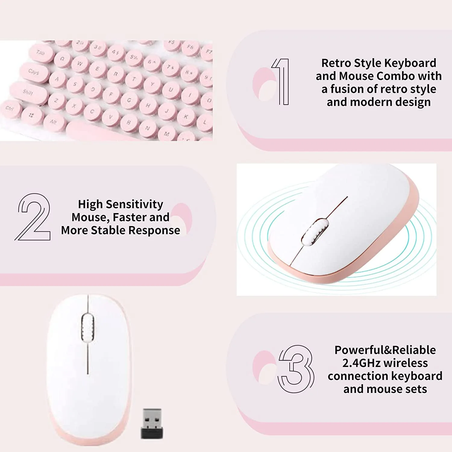 Ergonomic Retro Chiclet Round Keycaps N520 2.4GHz Wireless Connectivity Silent Typing Keyboard and 1600DPI Mouse Combo