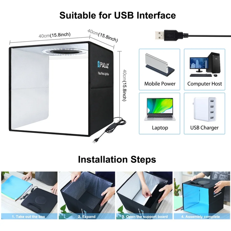 40cm Photo Studio Box Portable Ring LED Photography Studio Lightbox Shooting Tent Box Kit with Backdrop Softbox