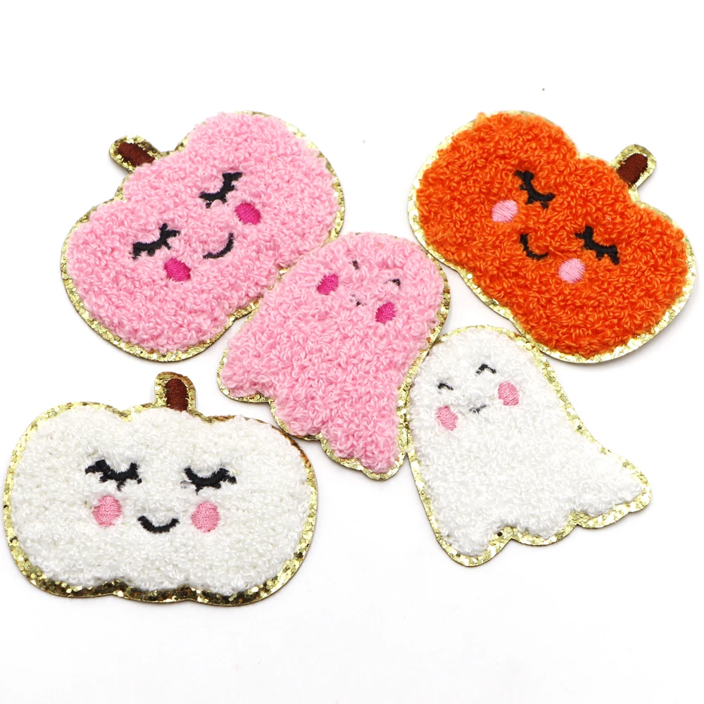 1PC Clothing Iron on Patches Chenille Ghost Embroidered Patches Gold Glitter Edge Iron on Embroidered Patches  Arts Crafts DIY