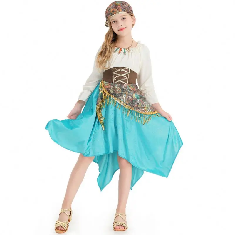 Custom Designed Blue Gypsy Flamenco Strappy Dance Dress with Accessories for Girls Kids Halloween Costumes