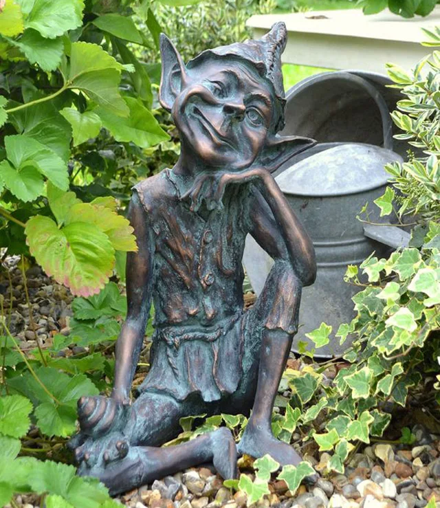 Large Resin sitting gnome garden figurines for decoration,  Antique verdigris garden pixie sculpture