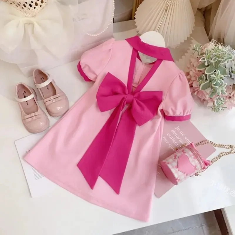 2024 Girls dress summer fashion Big child fashion girl bow skirt Fashion short sleeve children princess dress new style