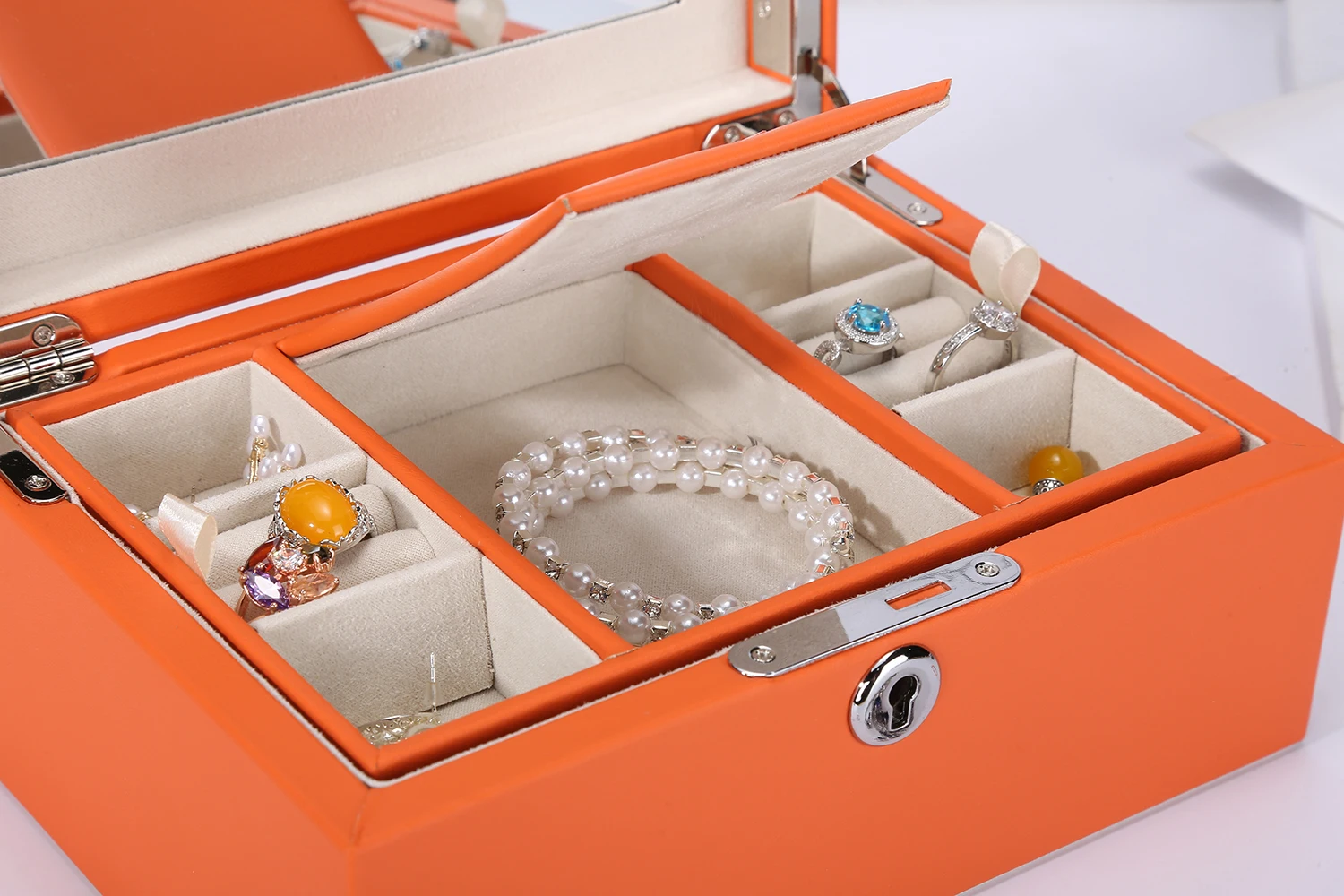 High-End Large Capacity Microfiber Jewelry Box Custom logo Ring Earrings Jewelry Storage Box with Mirror Jewellery Box Packing